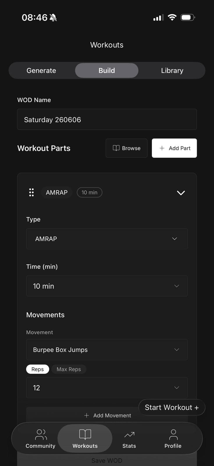 WOD Builder screen