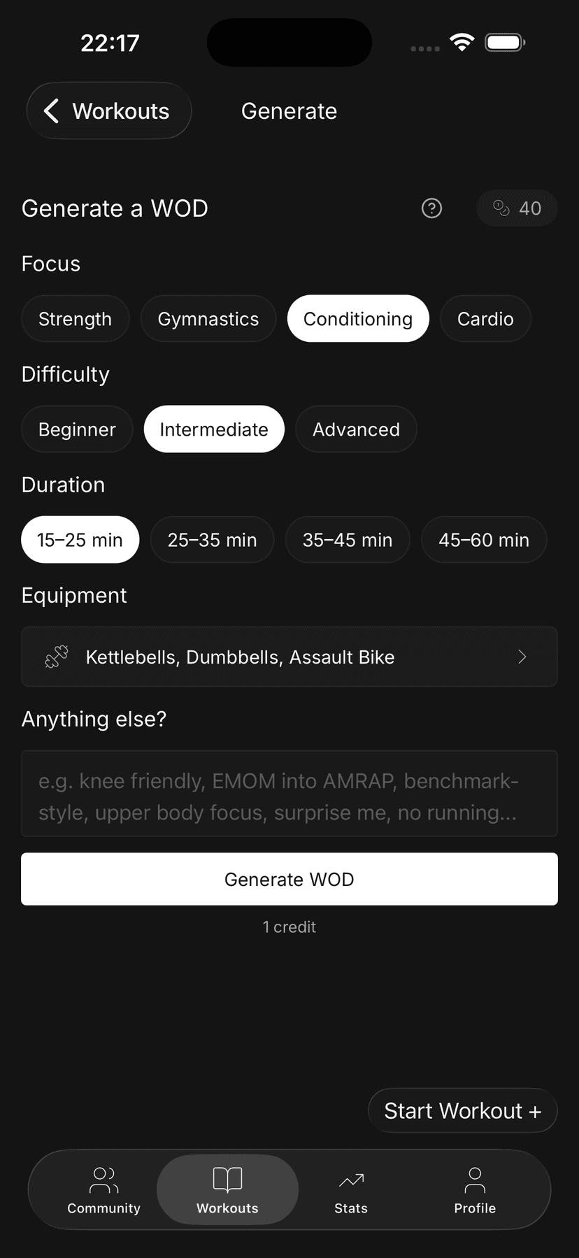AI WOD generator screen