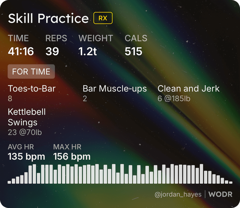 Skill Practice sticker on an aurora backdrop — 41:16, 39 reps, 515 cals